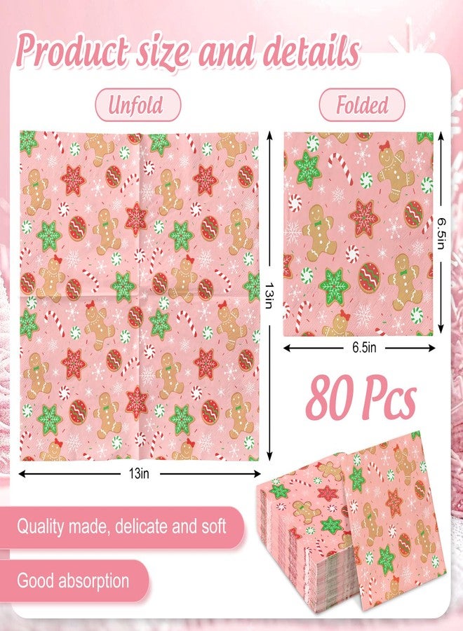 JarThenaAMCS 80Pcs Pink Christmas Paper Napkin Gingerbread Candy Cane Snowflake Disposable Luncheon Napkins Cute Xmas Dinner Hand Napkin for Winter Birthday Baby Shower Party Supplies - Image 2